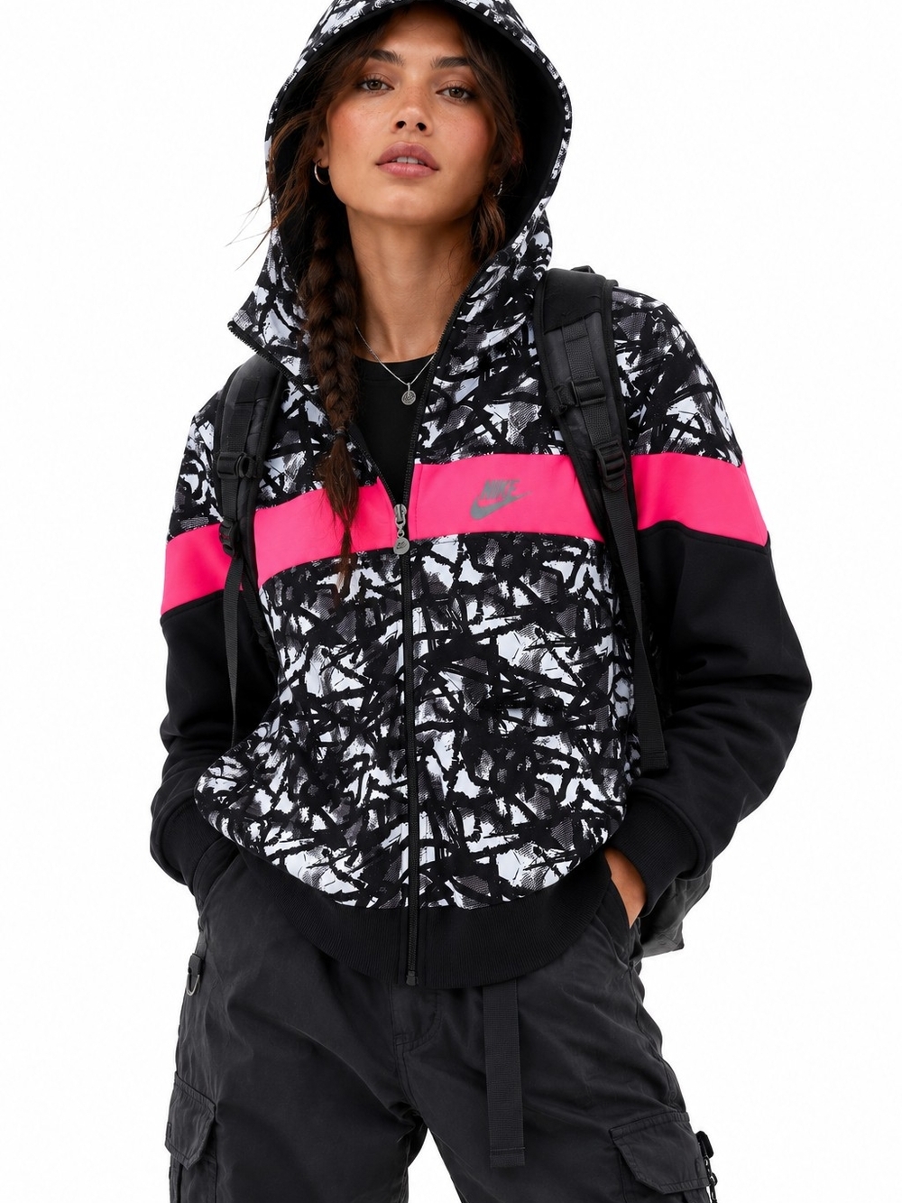 Nike Graphic Zip Hoodie Black White Pink Gorpcore granola Jacket Large